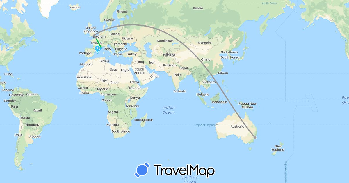 TravelMap itinerary: driving, bus, plane, boat in Australia, Spain, France, United Kingdom (Europe, Oceania)
